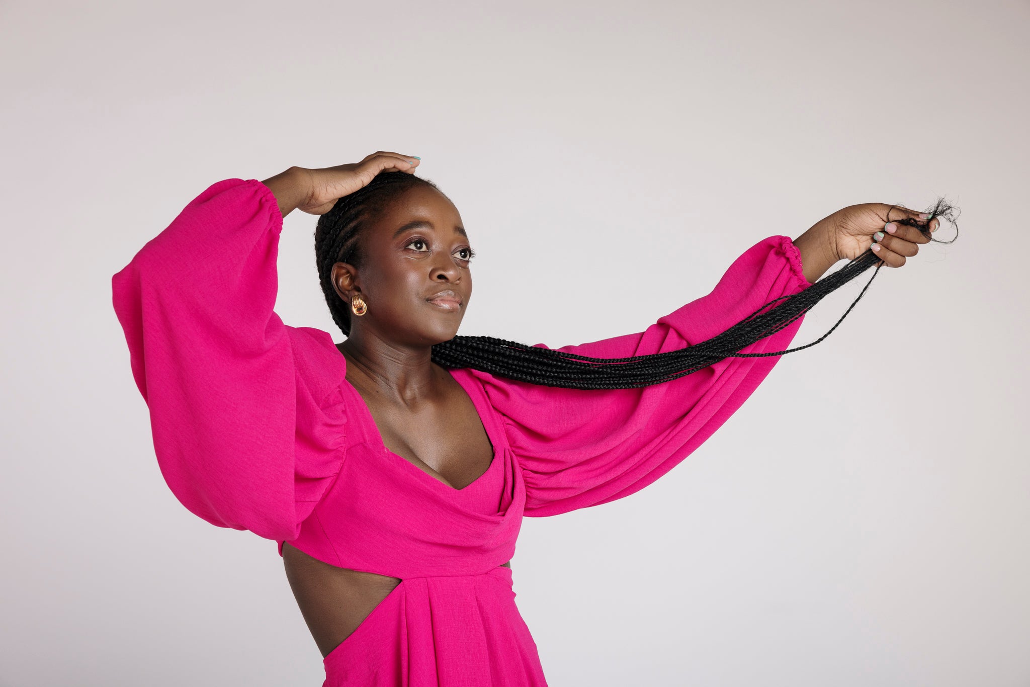 Model showcasing NVW The Label's bespoke vogue-inspired dress.